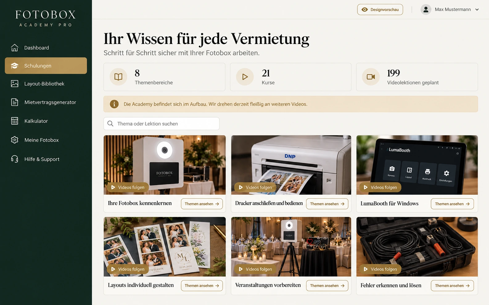 Designvorschau des geplanten Schulungsbereichs zu Fotobox, Drucker, LumaBooth, Layouts, Vorbereitung und Fehlerbehebung.