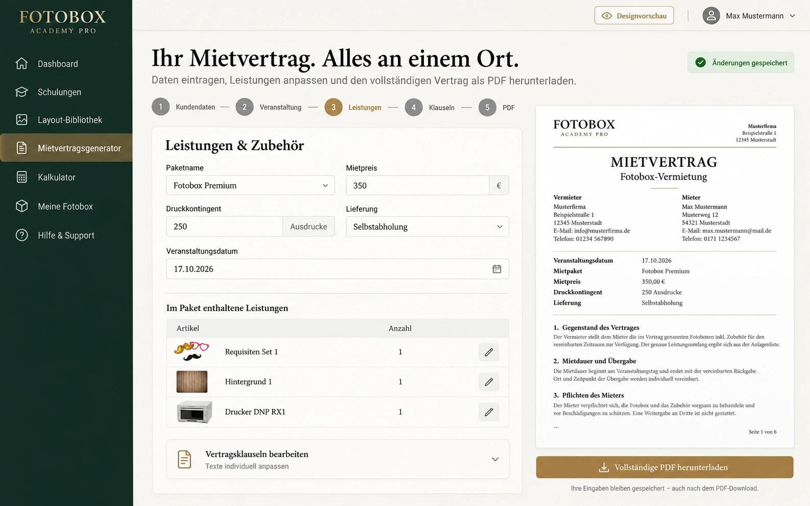 Designvorschau des Mietvertrags-Generators mit veränderbaren Leistungen und einer Vertrags-PDF mit Beispieldaten.