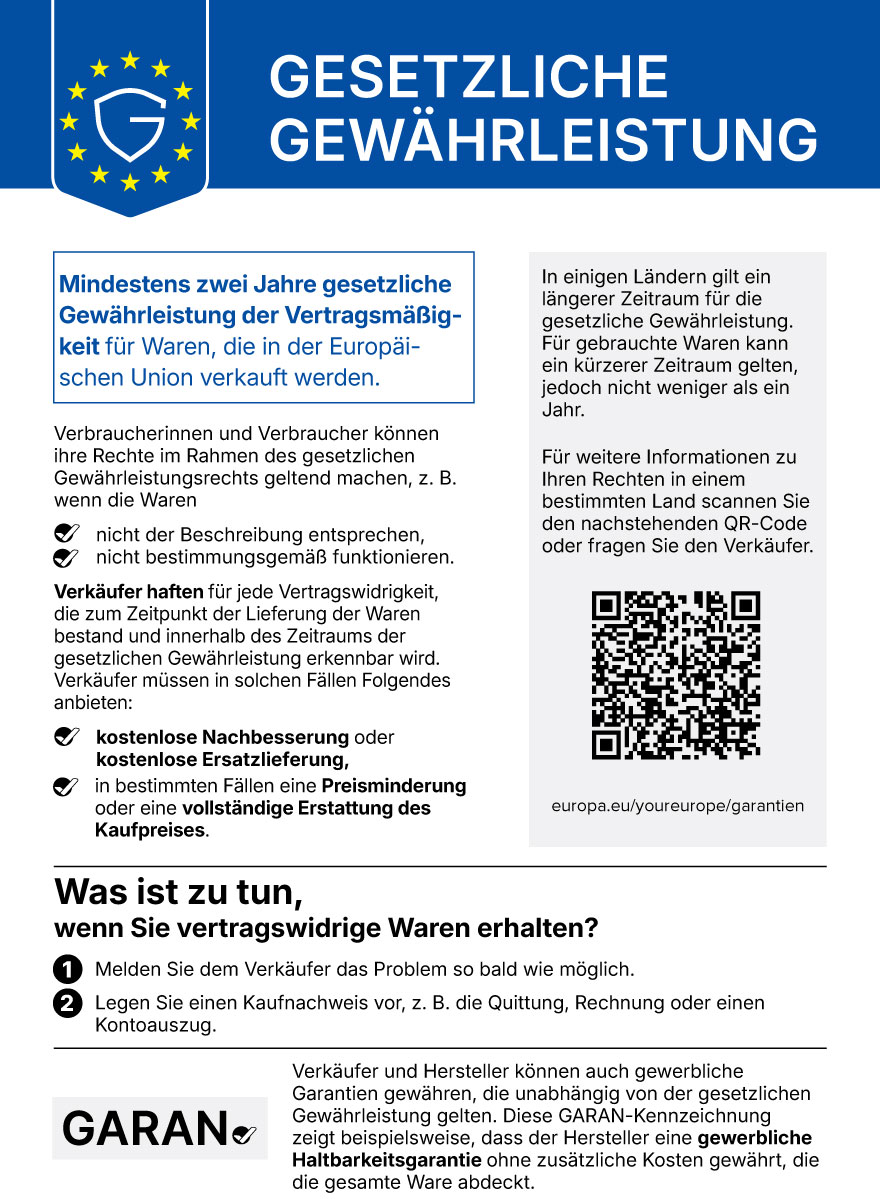 Offizieller EU-Hinweis zur gesetzlichen Gewährleistung für Verbraucherinnen und Verbraucher: Mängelrechte und Vorgehen bei vertragswidrigen Waren.