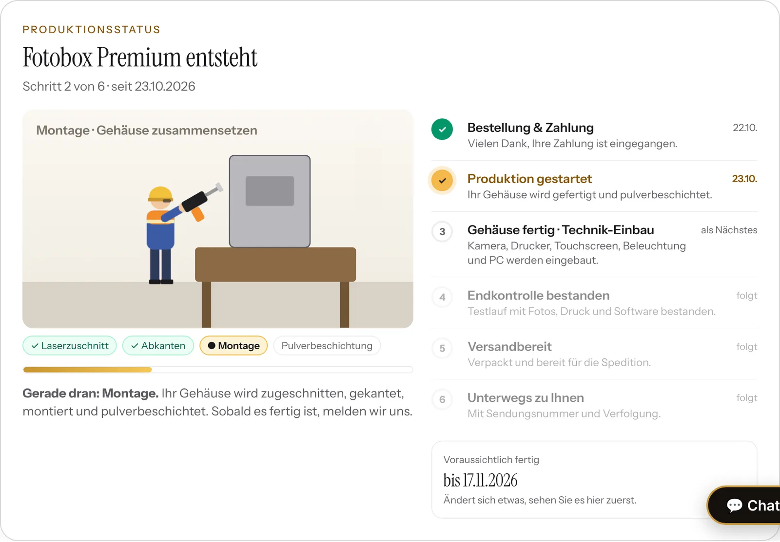 Kundenkonto: Produktionsstatus einer Fotobox Premium mit animierter Werkstatt-Szene und Schrittliste