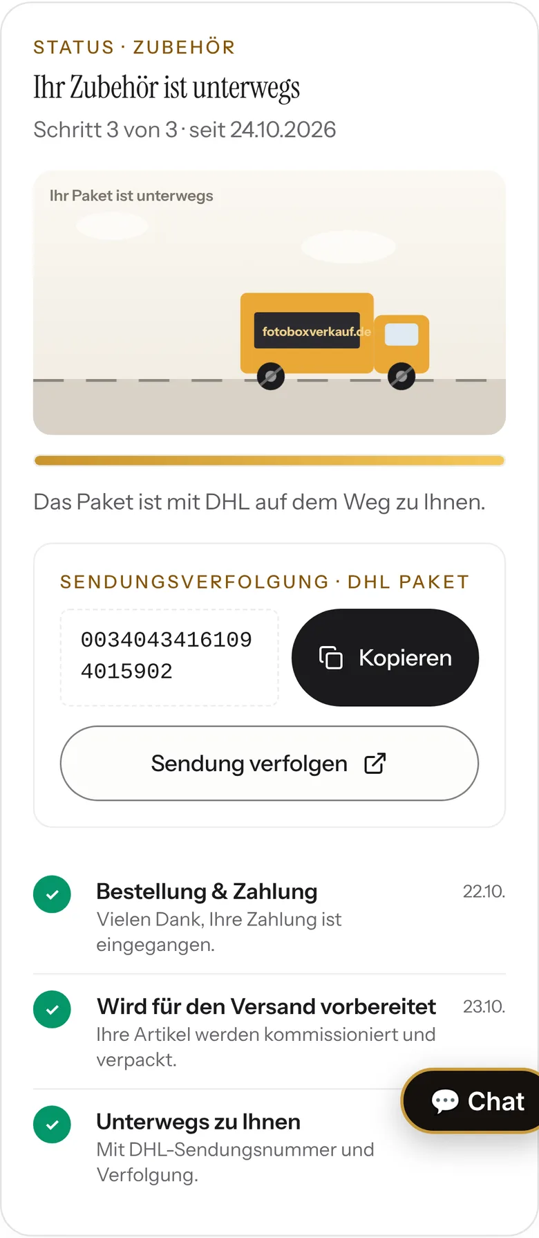 Kundenkonto auf dem Handy: Zubehör unterwegs mit Sendungsnummer zum Kopieren und Link zur Sendungsverfolgung